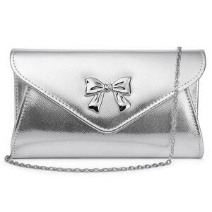 Silver PU Leather Clutch with Bow Flap for Weddings & Prom